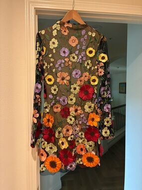 Sheer Black Mesh Dress with Multicolor Floral Embroidery